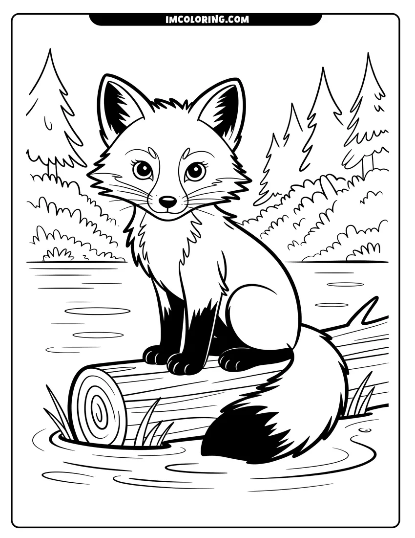 Coloring sheet featuring A cute fox with a bushy tail sits on a log near a river and pine trees