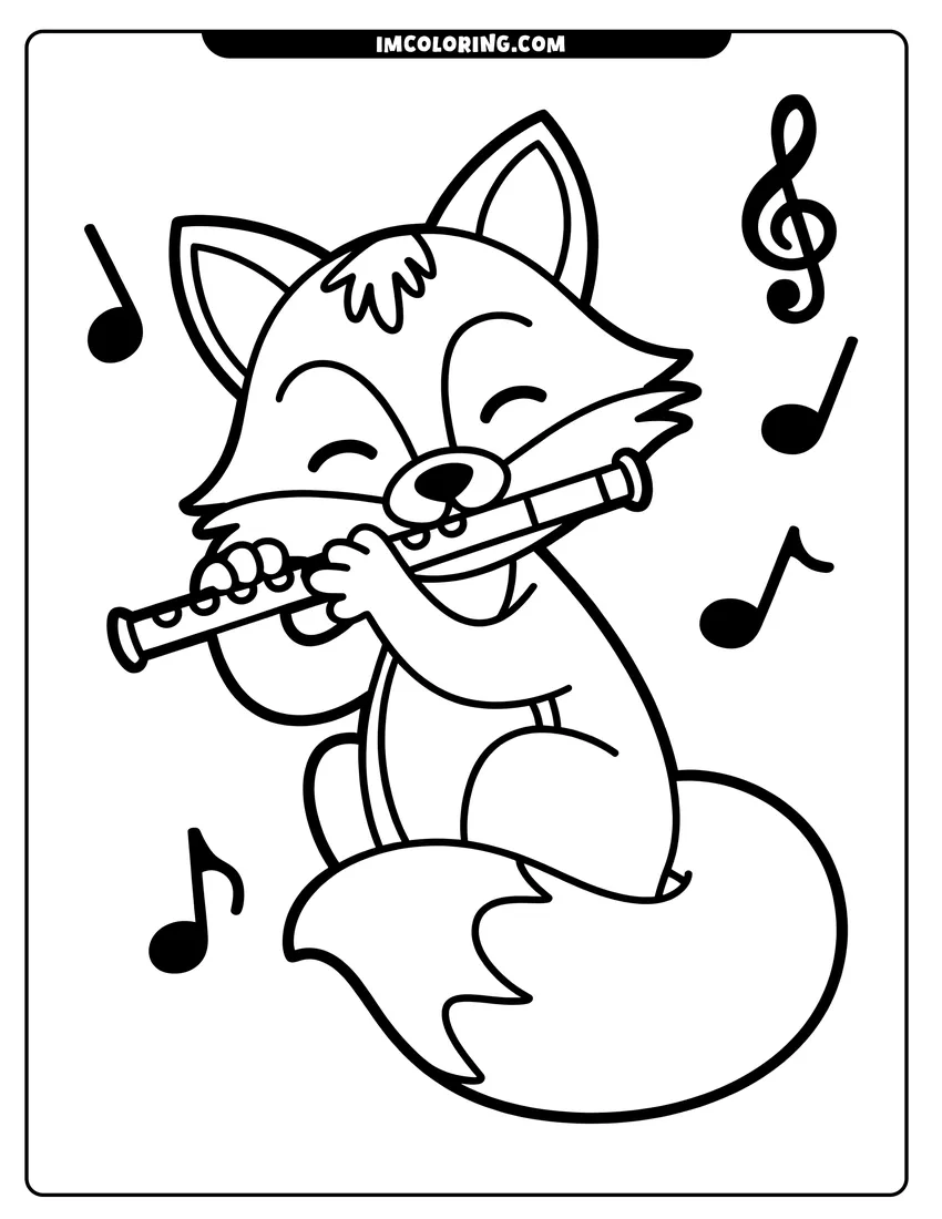 Outline drawing of A cute cartoon fox sitting and playing the flute with musical notes floating in the air