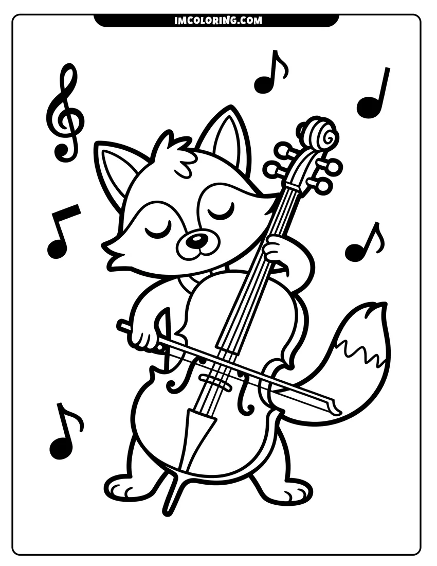 Doodle style coloring picture of A cute fox playing the cello with musical notes floating in the air around the small animal