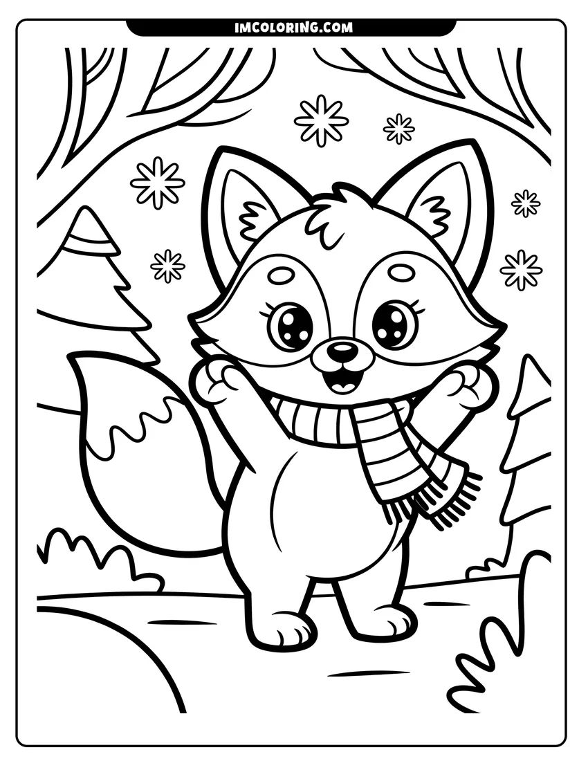 Coloring page of A happy cartoon fox wearing a striped scarf standing in a forest during a snowy winter day
