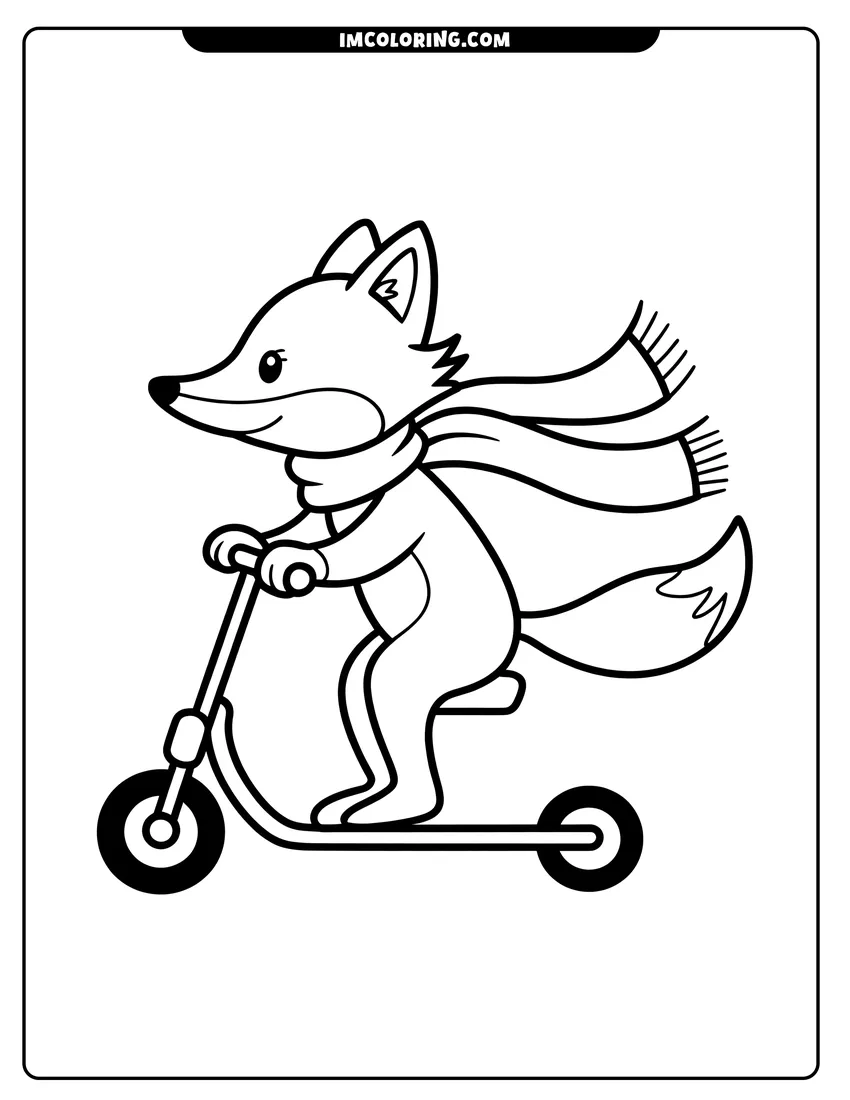 Doodle style coloring picture of A cute fox wearing a long scarf riding a push scooter in profile view with bold lines