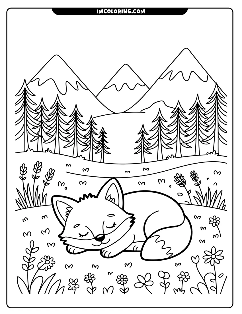 Printable coloring page of A cute cartoon fox sleeping in a flower meadow with mountains and pine trees in the background