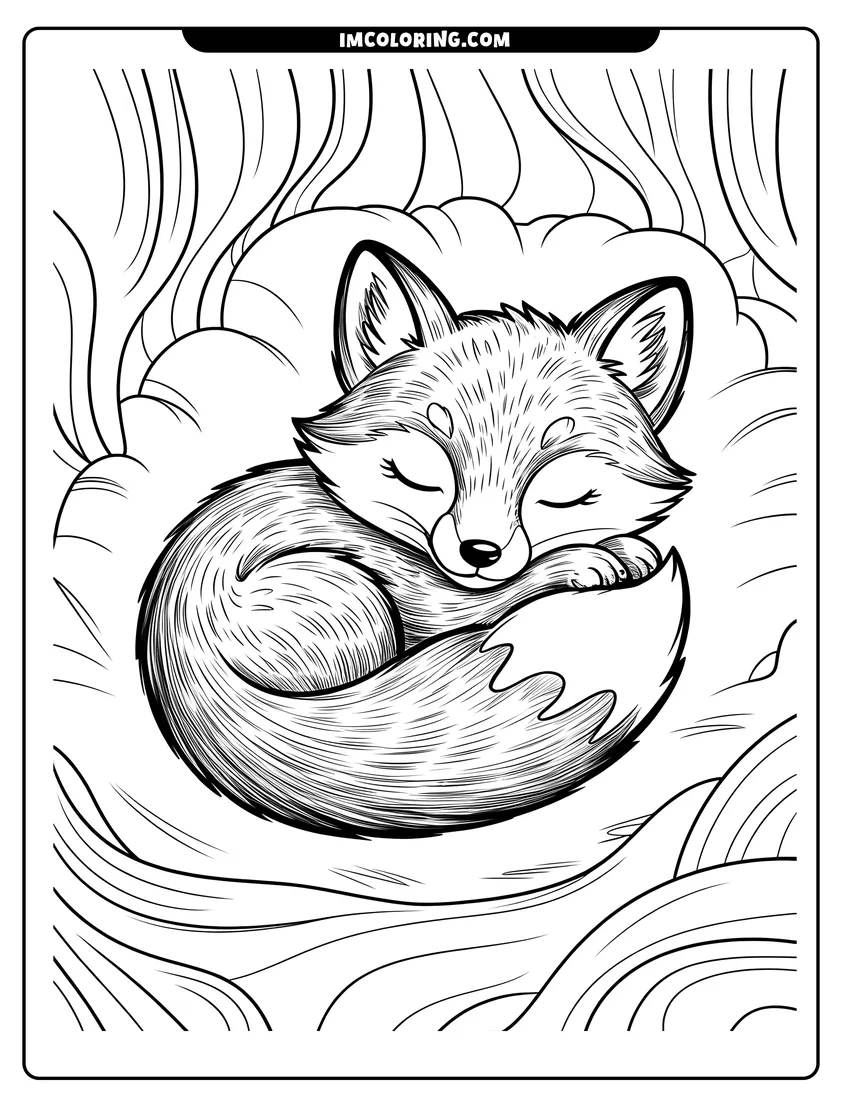 High quality printable A cute little fox curled up and sleeping soundly in a cozy, soft bed with wavy patterns for coloring