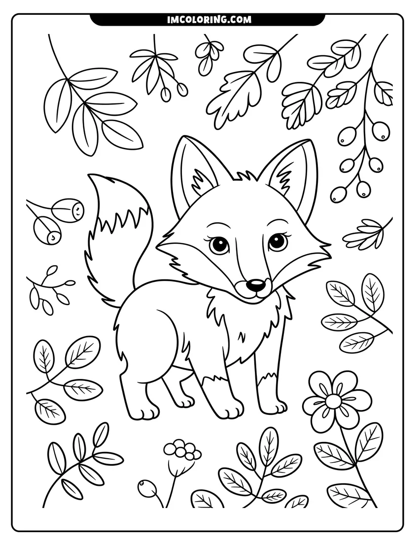 Downloadable coloring page of A cute baby fox standing in a forest surrounded by detailed leaves, berries, and small flowers