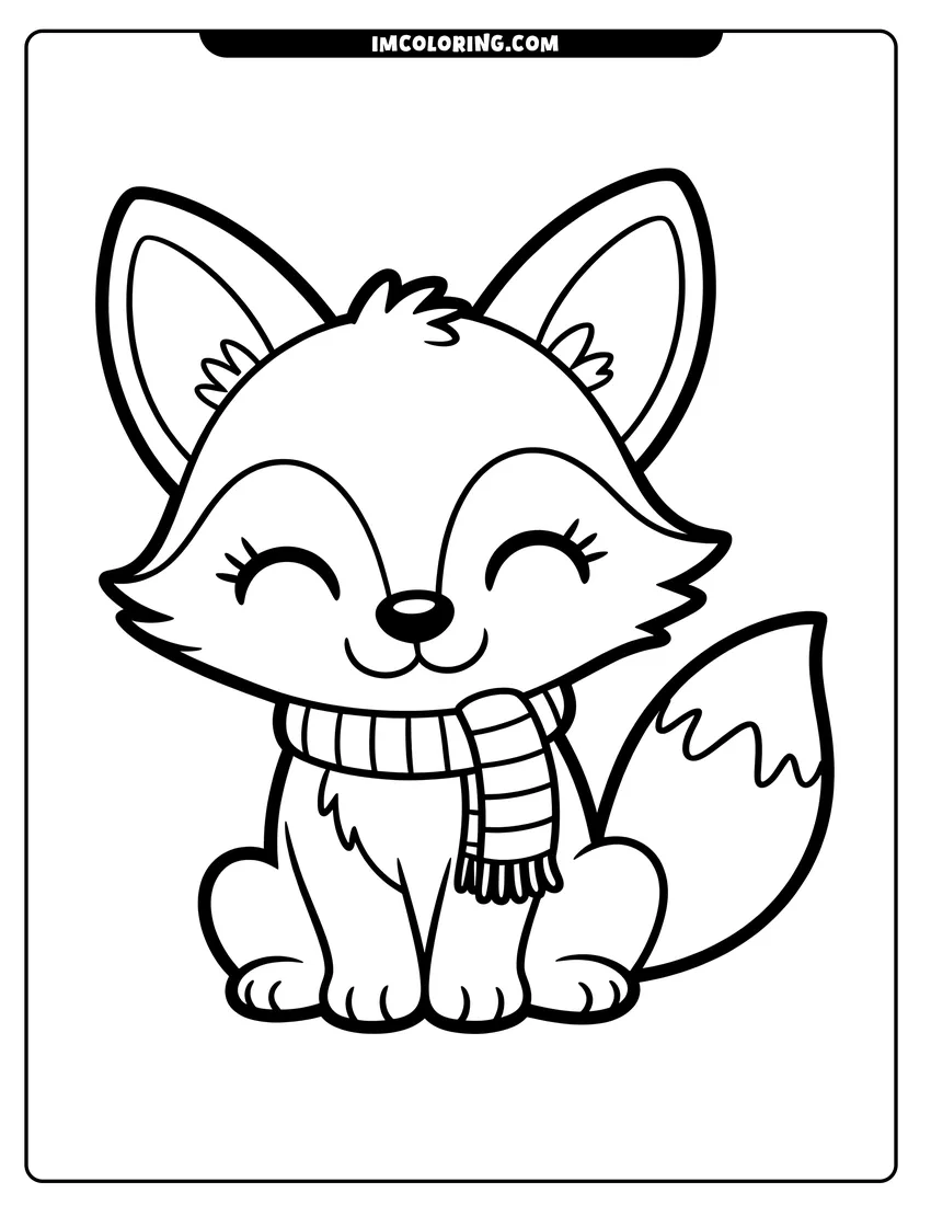 Free printable coloring sheet of A cute baby fox sitting with a striped scarf around its neck and a smiling face