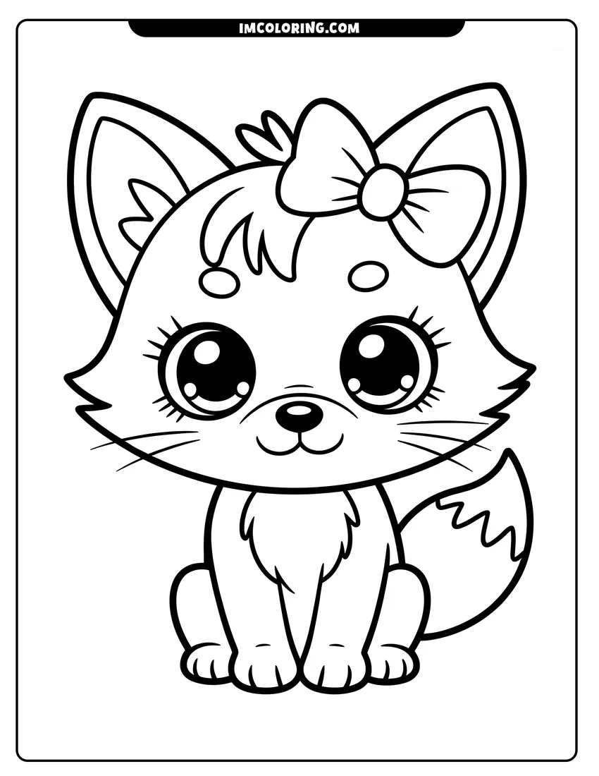 Free to print drawing of A cute cartoon fox sitting down and wearing a large bow on its head with big eyes