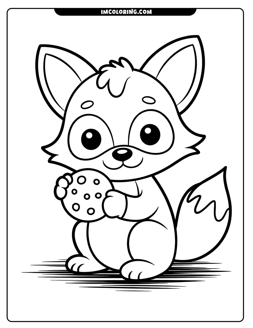 Outline drawing of A cute cartoon fox sitting down and holding a large chocolate chip cookie with both paws