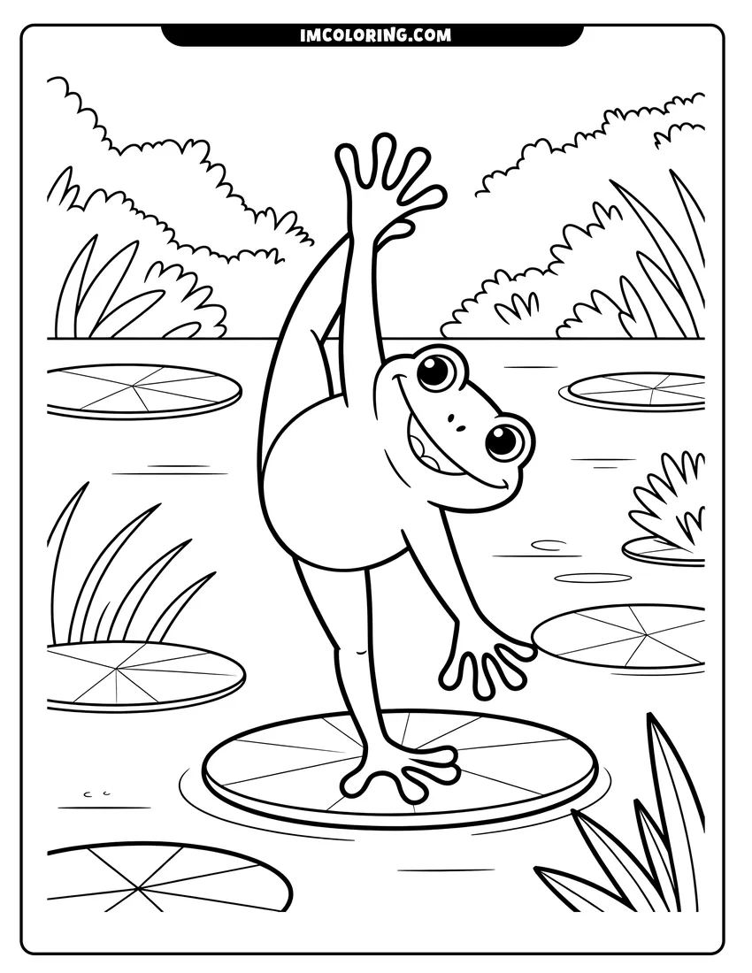 Full page coloring image of A smiling frog performing a yoga pose while balancing on a lily pad in a pond