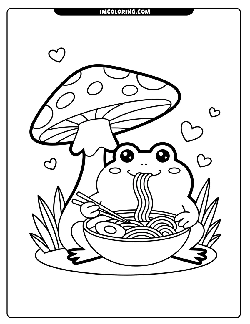 Clean line drawing: A cute frog eating ramen with chopsticks under a large spotted mushroom with heart shapes in the air