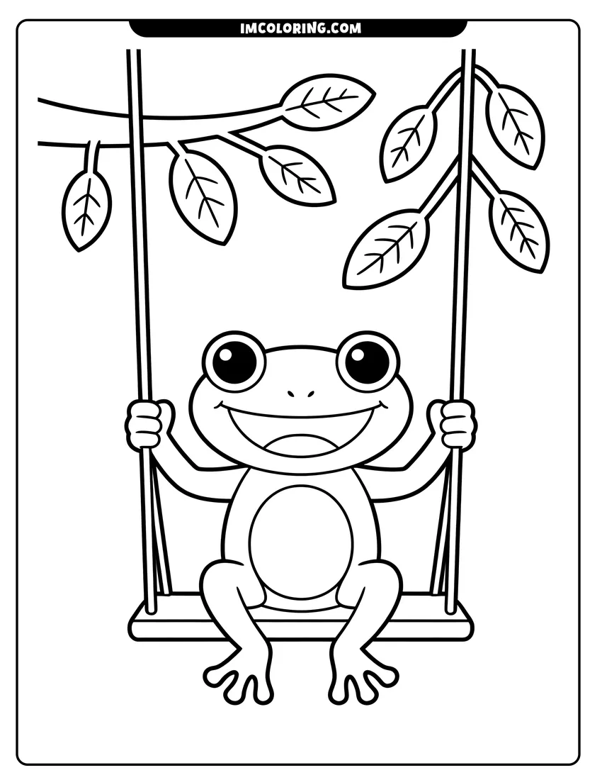 Coloring page for kids: A cheerful cartoon frog sitting on a wooden tree swing surrounded by leaves with thick black outlines