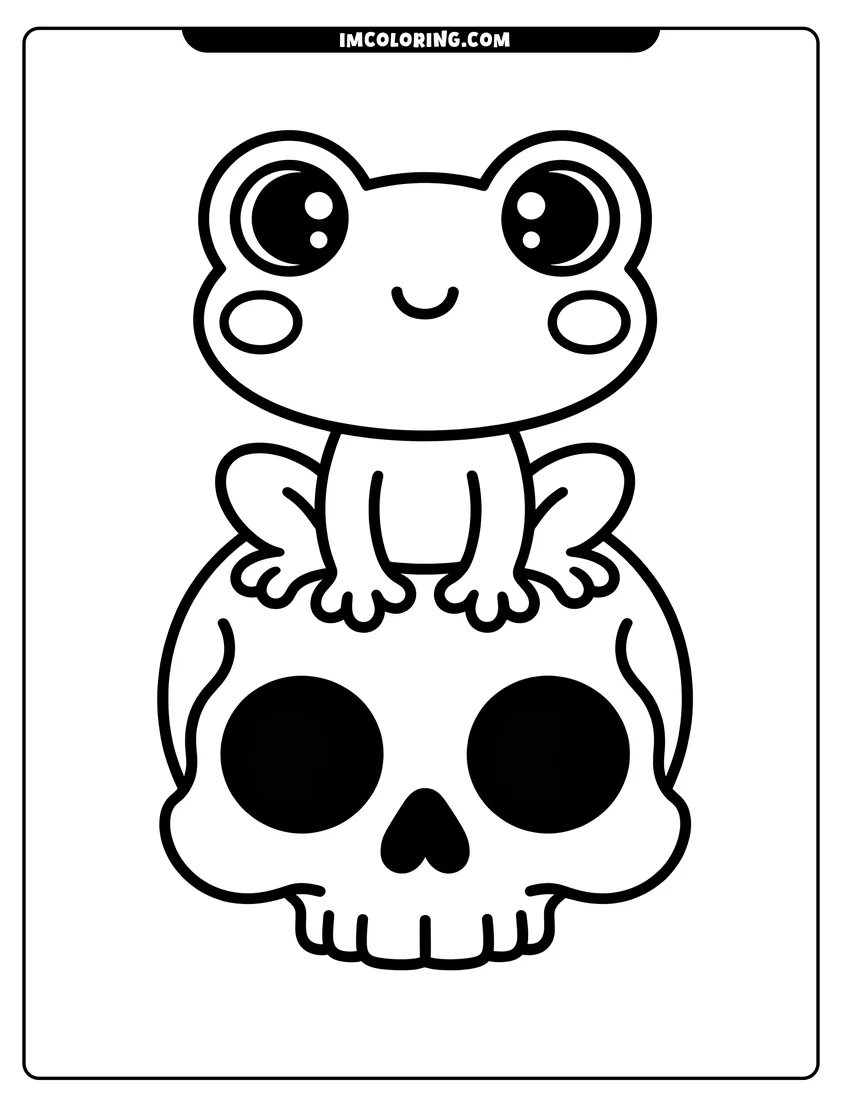 Clean line drawing: A cute, wide-eyed frog sitting on top of a simple cartoon skull with thick black outlines