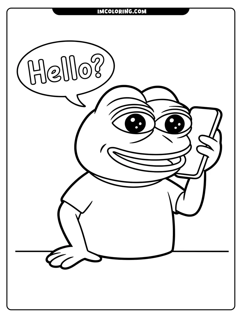 Coloring sheet featuring A smiling cartoon frog wearing a shirt holding a smartphone with a speech bubble that says hello