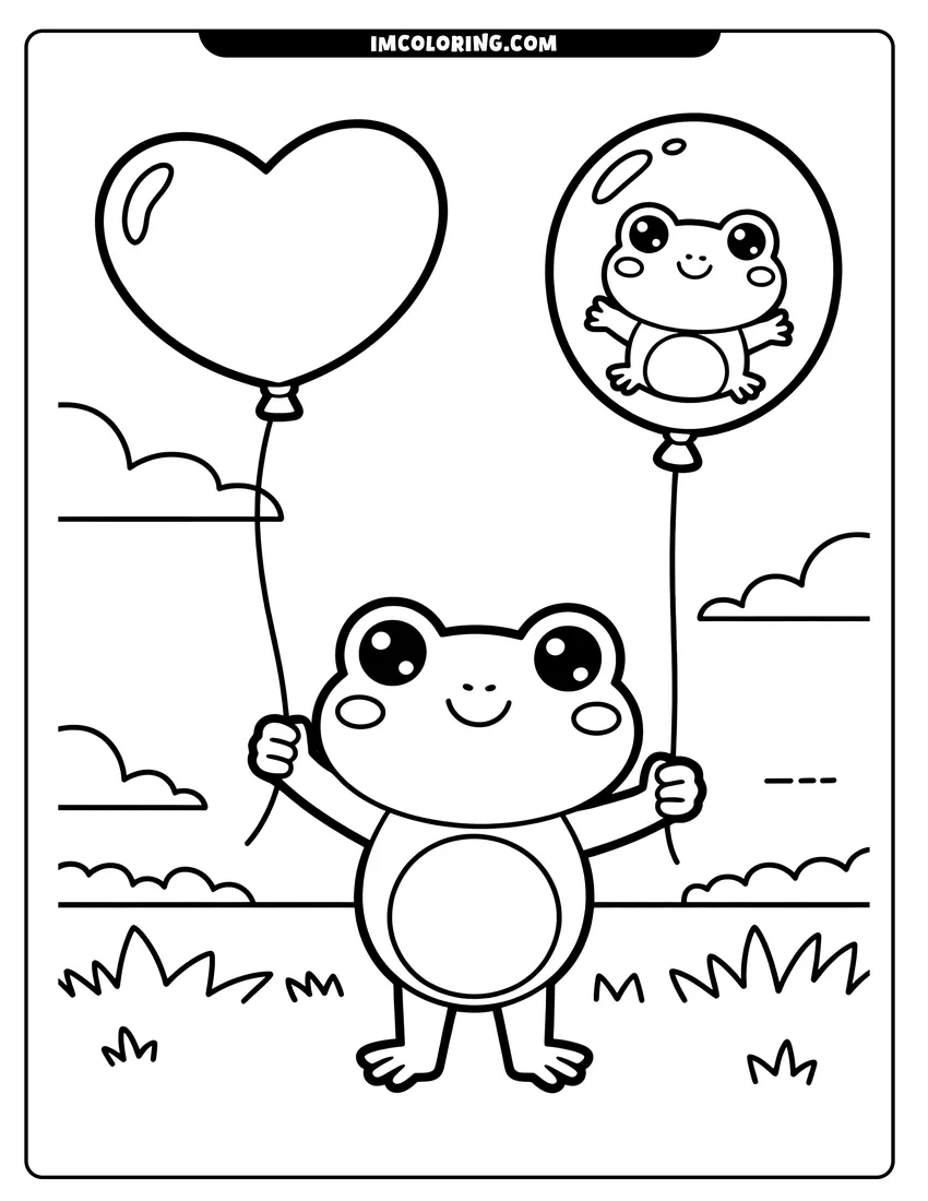 Free printable coloring sheet of A cute smiling frog standing on grass holding a heart-shaped balloon and a round balloon with another frog