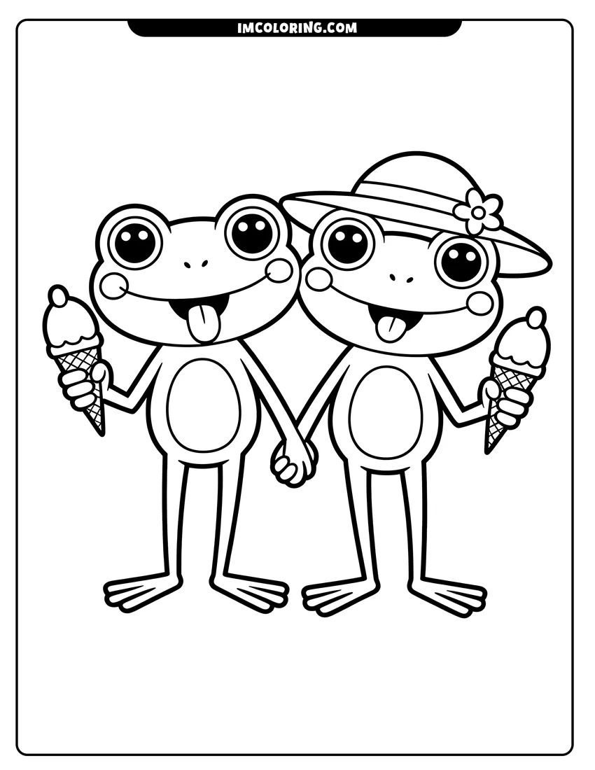 Free to print drawing of Two cute frogs holding hands and eating ice cream cones, one wearing a sun hat with a flower