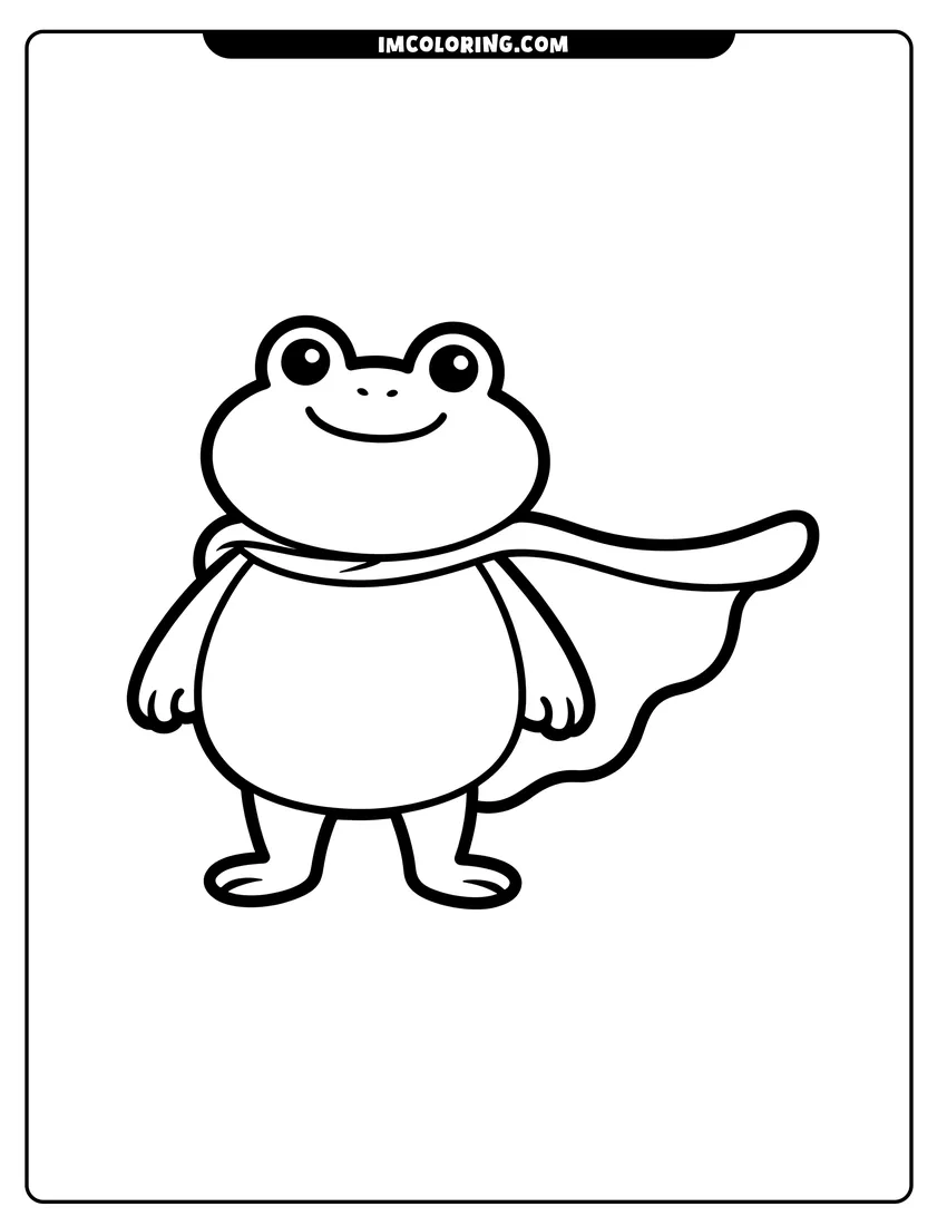 High quality printable A simple black and white drawing of a cute, round frog wearing a superhero cape and smiling for coloring