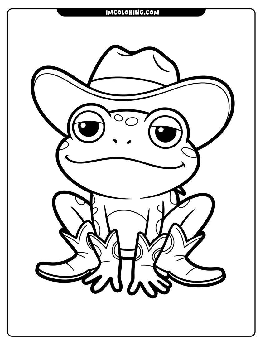 Coloring sheet featuring A cute frog wearing a cowboy hat and western boots while sitting down with a happy smile