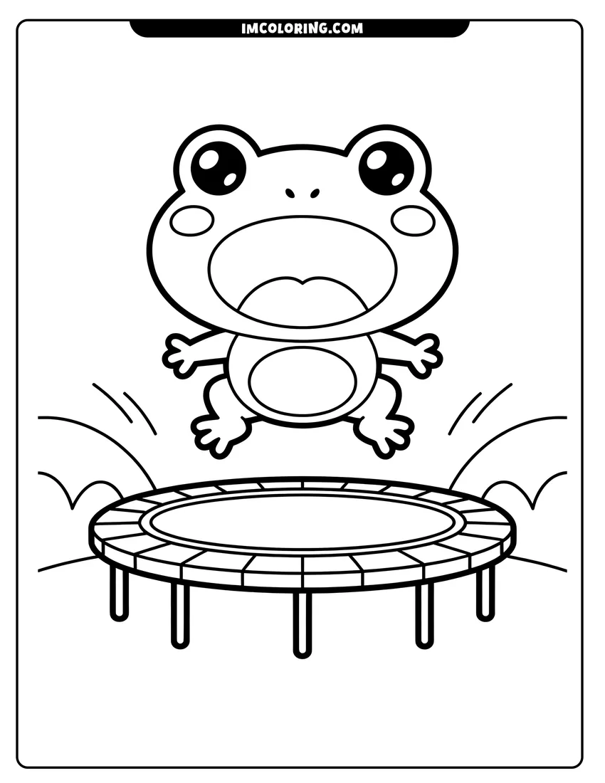 Downloadable coloring page of A cute cartoon frog with large eyes jumping high above a round trampoline with thick black outlines