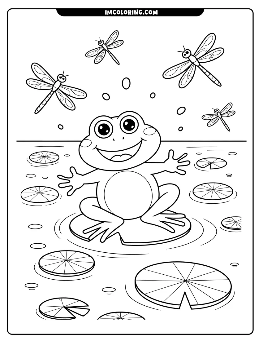 PDF style coloring page: A happy cartoon frog sitting on a lily pad with dragonflies flying above him in a pond