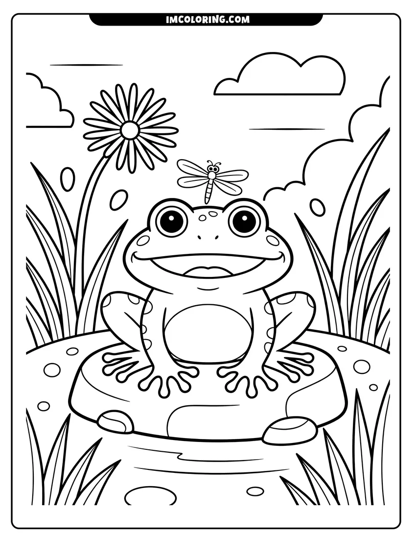 Clean line drawing: A smiling frog sits on a pond rock with a dragonfly on its head next to a flower
