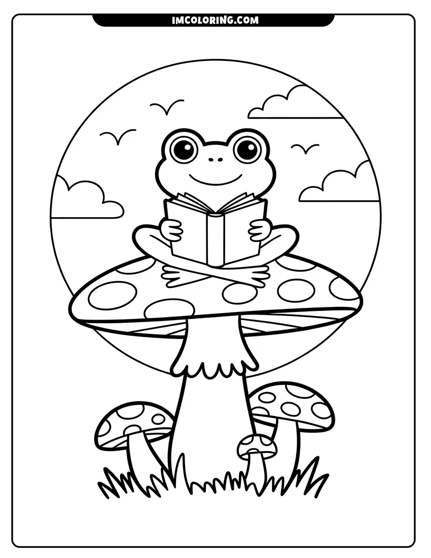 Printable line art of A cute smiling frog sitting on a spotted mushroom reading a book with clouds in the background