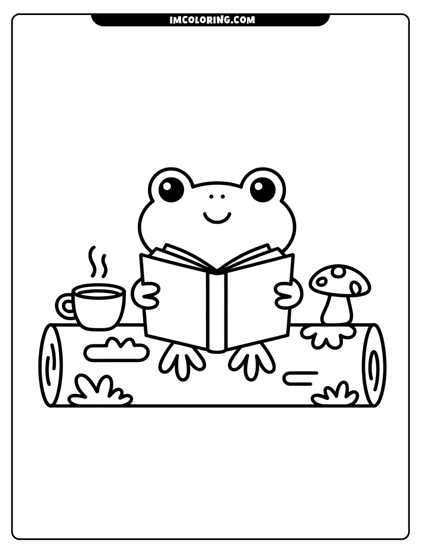 Printable coloring page of A cute cartoon frog sitting on a log reading a book next to a steaming tea cup
