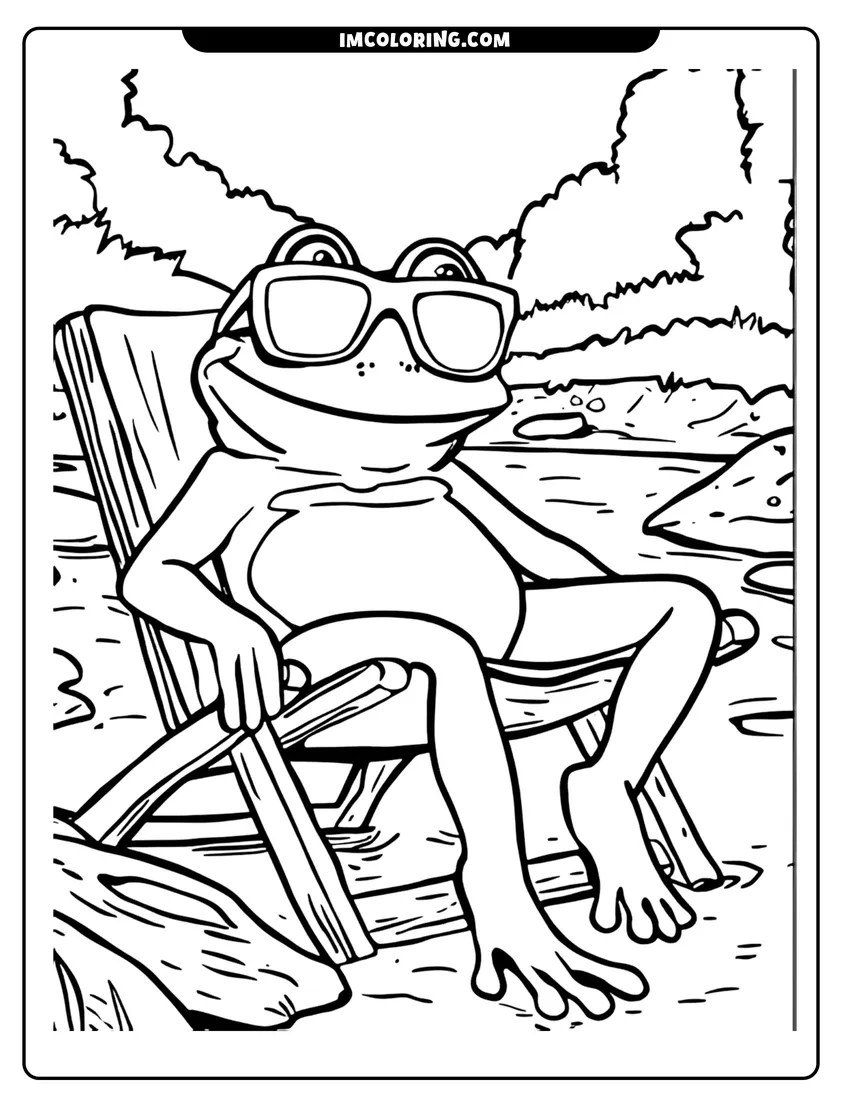 Downloadable coloring page of A cool frog wearing sunglasses and sitting on a lounge chair by the water near some trees
