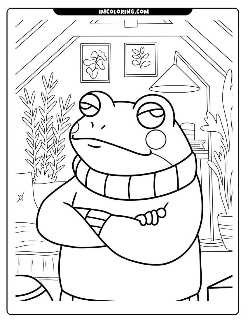 Coloring page for kids: A cute frog wearing a striped sweater stands with crossed arms in a cozy room with potted plants