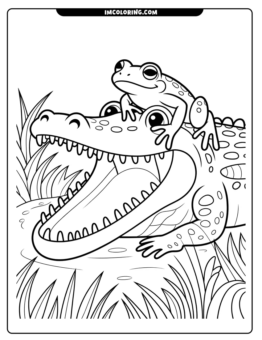 Linear illustration of A small smiling frog sits on the head of a happy crocodile with its mouth wide open