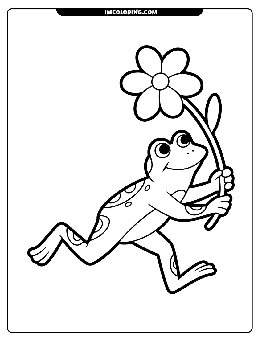 Doodle style coloring picture of A happy cartoon frog running and holding a large flower with big petals and a long stem