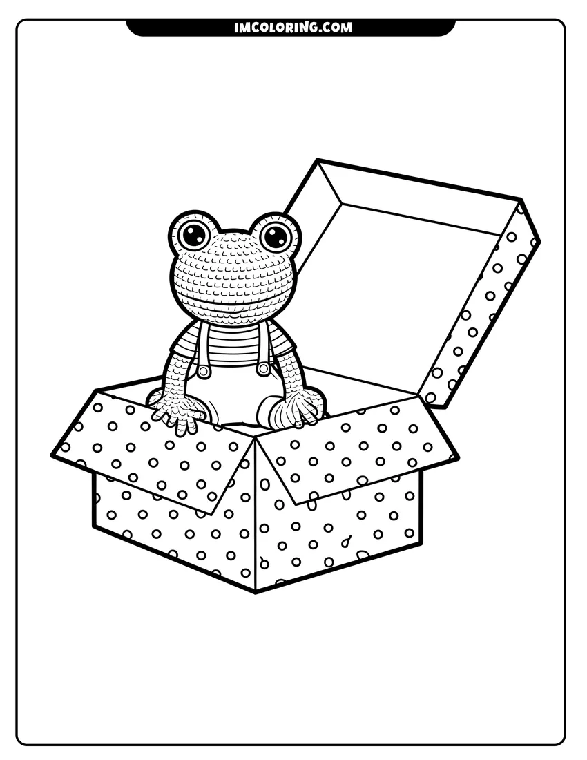 Vector style outline of A cute frog wearing overalls sitting inside a polka dot gift box with big expressive eyes