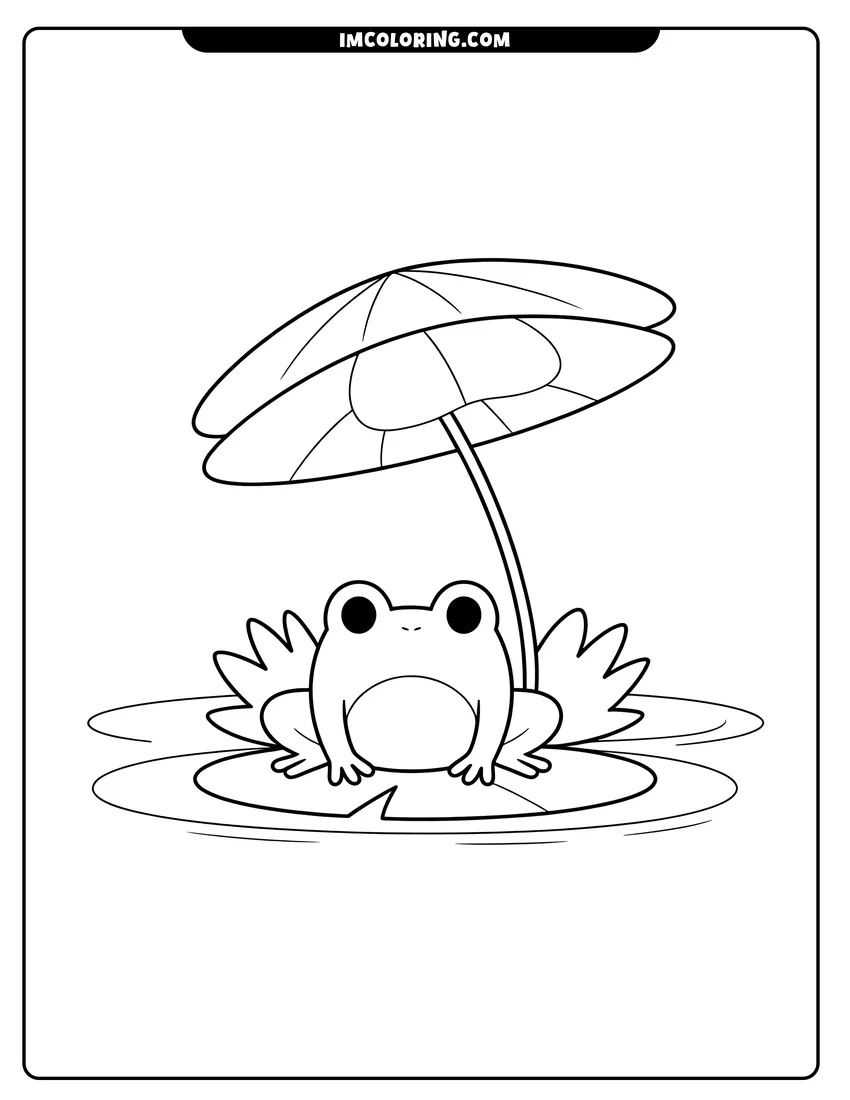 Free to print drawing of A cute cartoon frog sitting on a lily pad under a large leaf umbrella in a pond