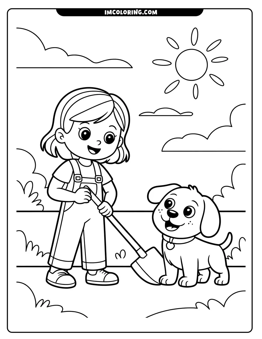 PDF style coloring page: A little girl in overalls digging with a shovel next to a happy puppy in a garden