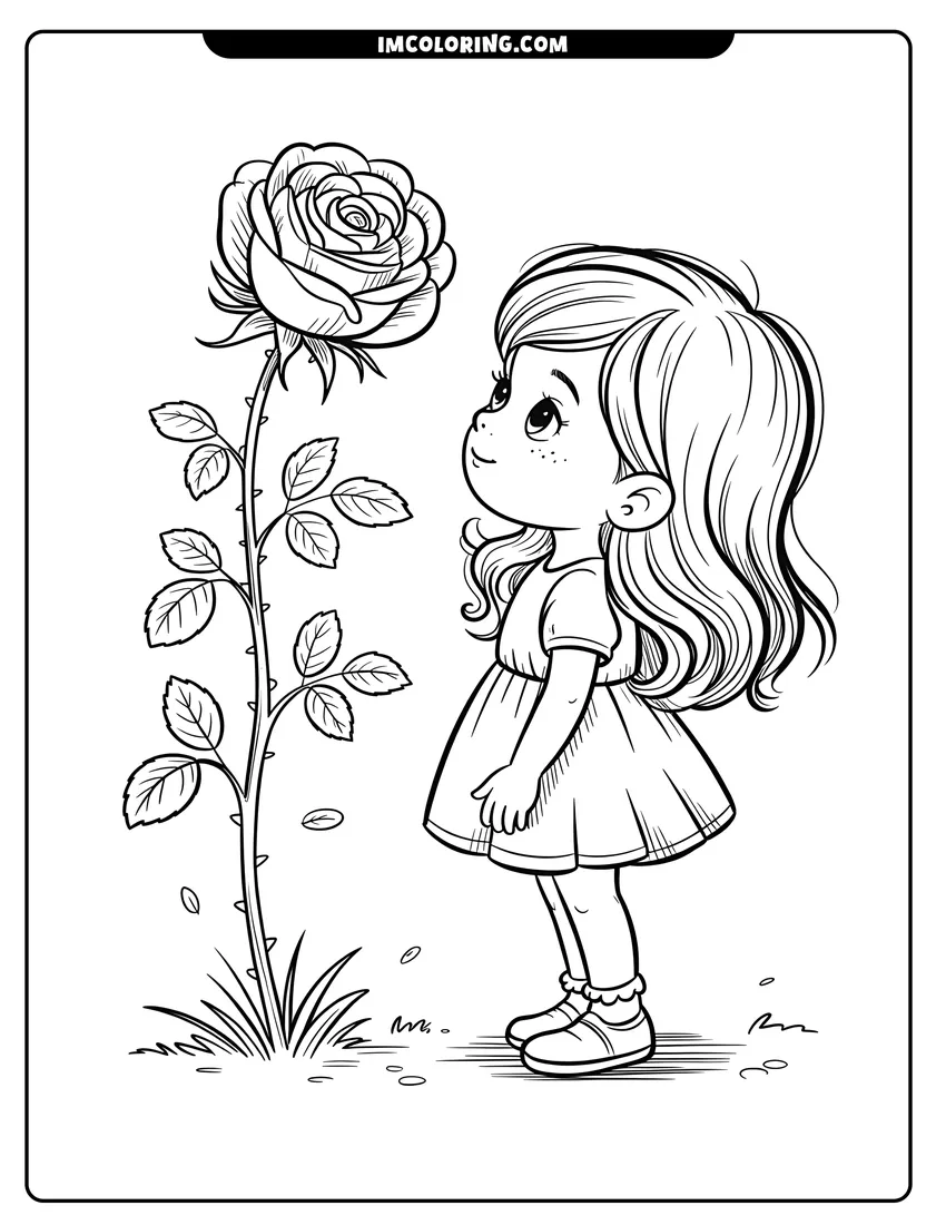 Downloadable coloring page of A line drawing of a young girl standing next to a tall rose flower with thorns and leaves