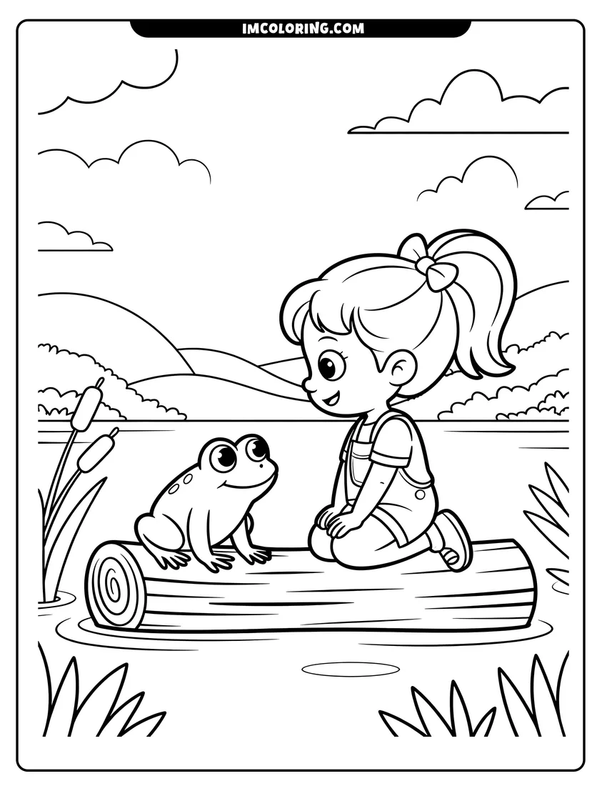 Printable line art of A young girl in overalls sits on a log looking at a smiling frog in a pond