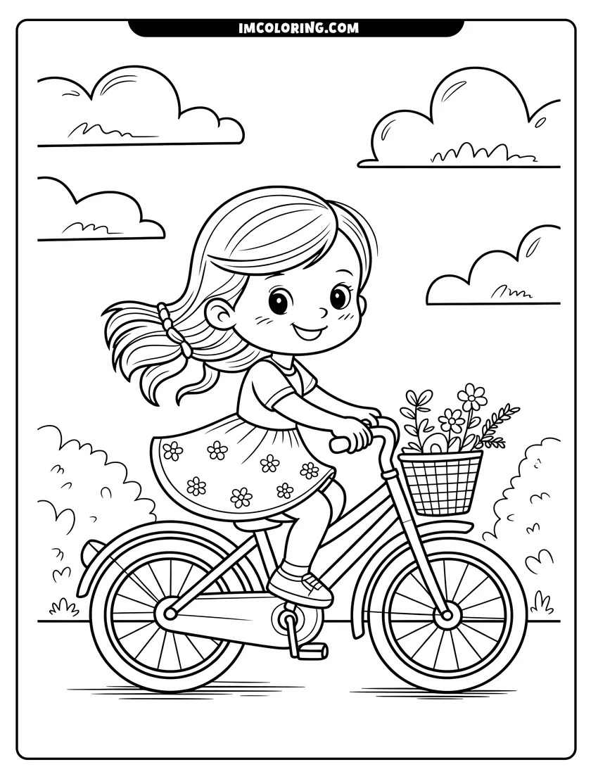 Doodle style coloring picture of A smiling girl with a ponytail riding a bicycle featuring a flower basket under a cloudy sky