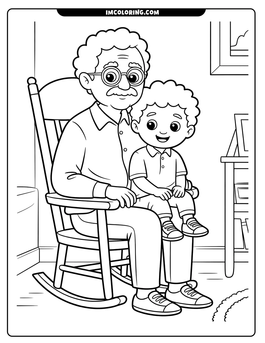 Printable line art of A grandfather with glasses and a mustache sits in a rocking chair holding a smiling young boy