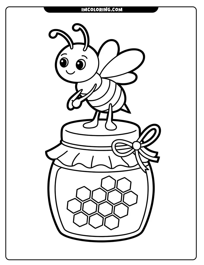 Downloadable coloring page of A cute cartoon bee smiling while standing on a glass honey jar with a ribbon and honeycomb