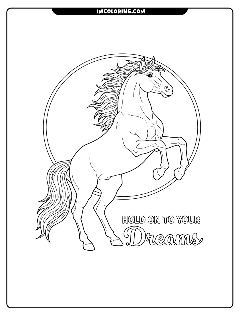 Outline drawing of A majestic horse rearing up on its hind legs in front of a circle with inspirational text below
