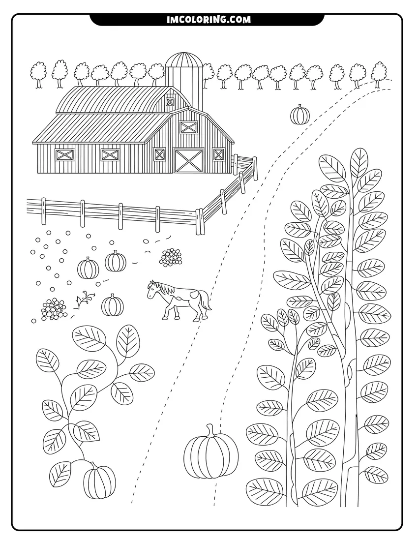 PDF style coloring page: Line art of a horse walking in a farmyard with a barn, fence, pumpkins, and tall leafy plants