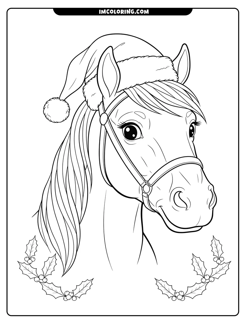Black and white line art of A friendly horse wearing a Santa hat and bridle surrounded by festive holly leaves and berries