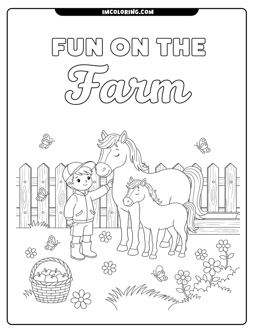 Vector style outline of A young boy petting a friendly mare and her foal in a flowery meadow by a fence
