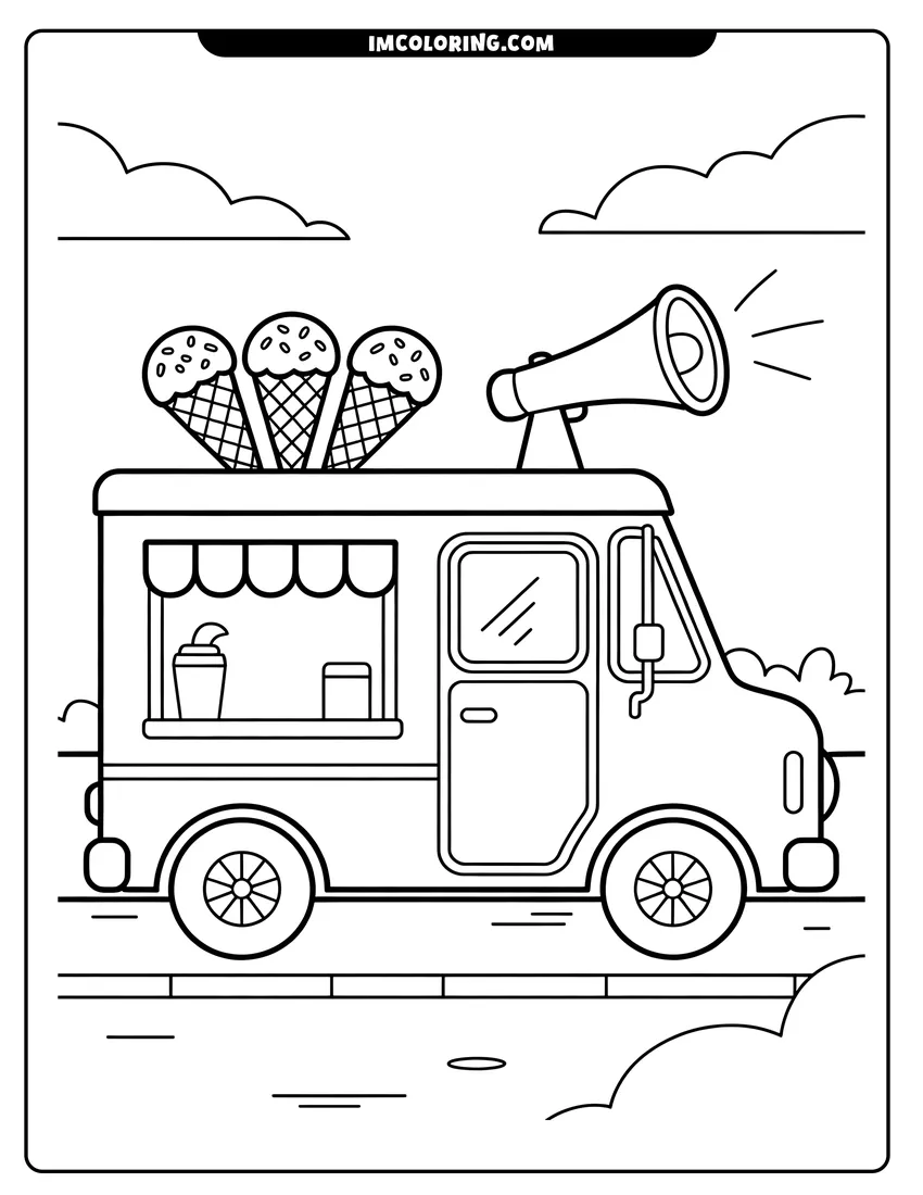 Printable line art of An ice cream truck with giant cones on the roof driving along a road under the clouds