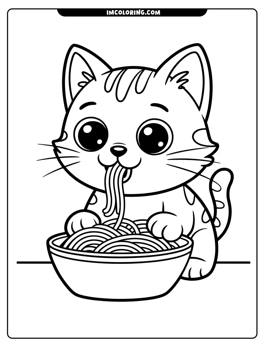 Black and white line art of A cute kitten with big eyes slurps spaghetti noodles from a bowl on a table