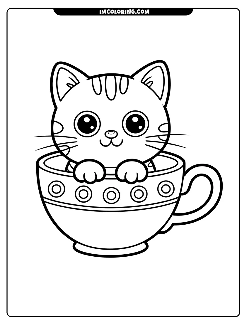 Printable coloring page of A cute cartoon kitten with big eyes sitting inside a patterned teacup and looking forward with joy