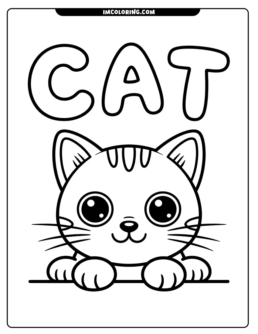 PDF style coloring page: A cute kitten with big round eyes and whiskers peeking over a ledge under the word CAT