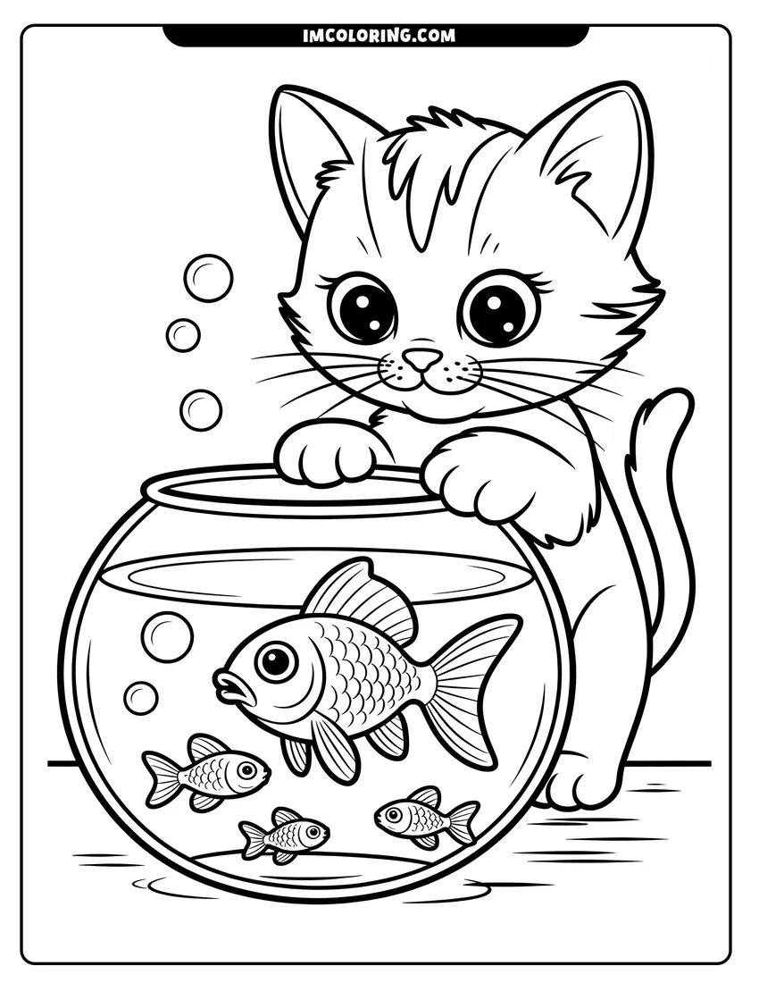 Simple sketch of A cute kitten with big eyes peering into a fishbowl at four small goldfish swimming in bubbles to color