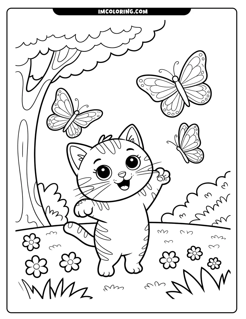 Simple sketch of A cute striped kitten reaching up toward three butterflies in a grassy garden with flowers and trees to color