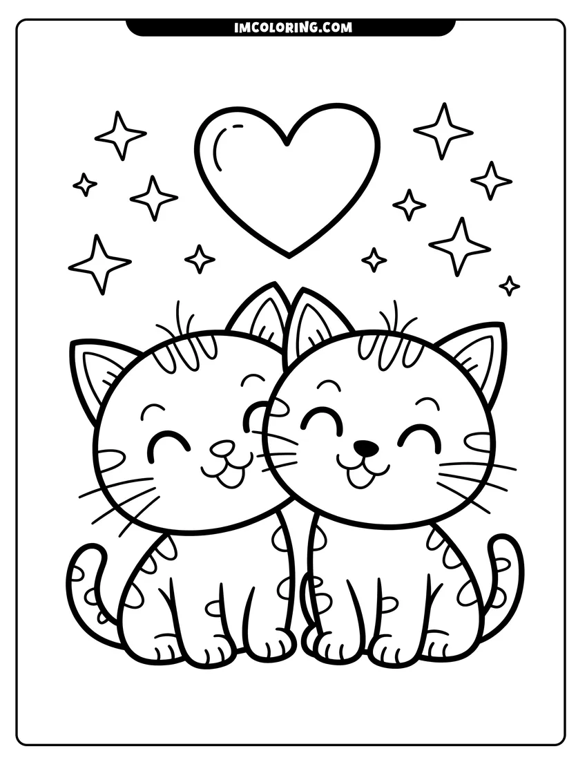 Coloring page for kids: Two smiling cartoon kittens sit closely together beneath a large heart and many small twinkling stars