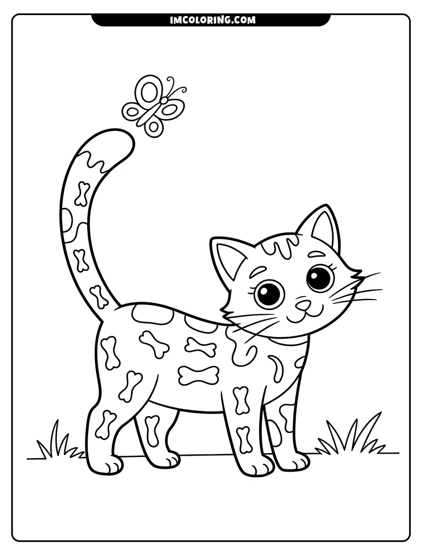 Linear illustration of A smiling spotted kitten with a butterfly hovering near its tail in a grassy field
