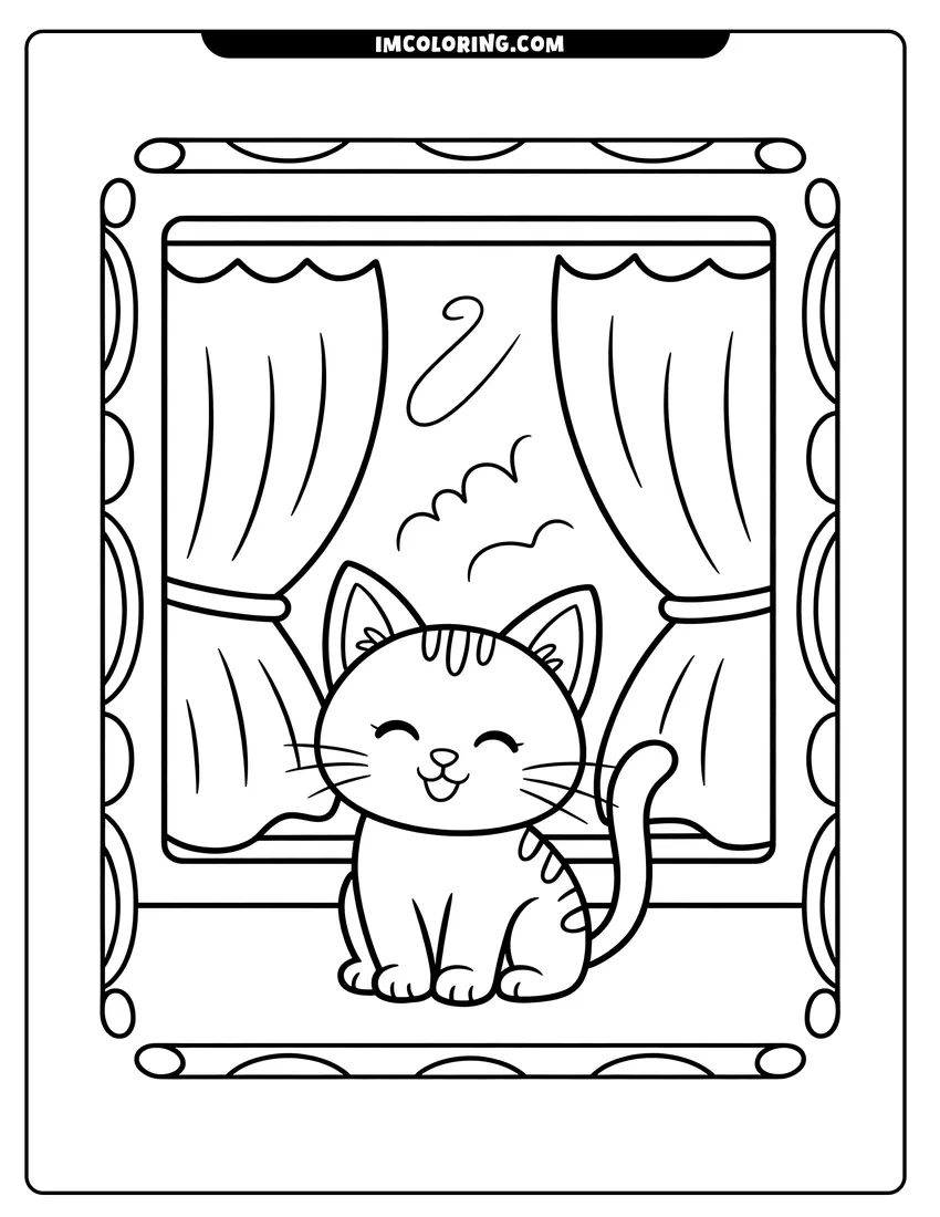 Coloring page for kids: A smiling striped cat sits in front of an open window with curtains inside a decorative frame